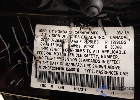 2019 Honda Civic Lx z USA, uszkodzony, nr VIN 2HGFC2F64KH550018